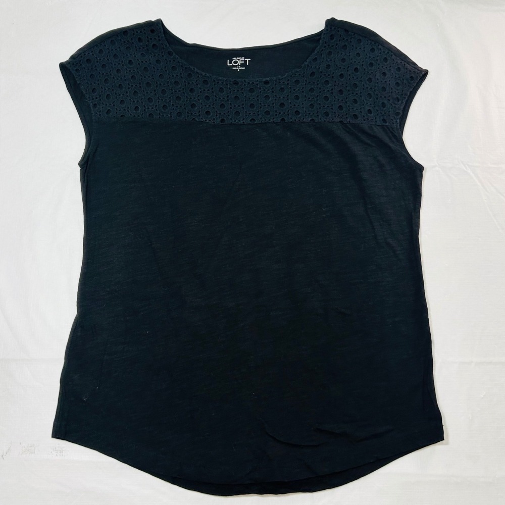 Ann Taylor LOFT Black Eyelet Yoke Slub Knit Sleeveless Top Small S Scoop Neck
